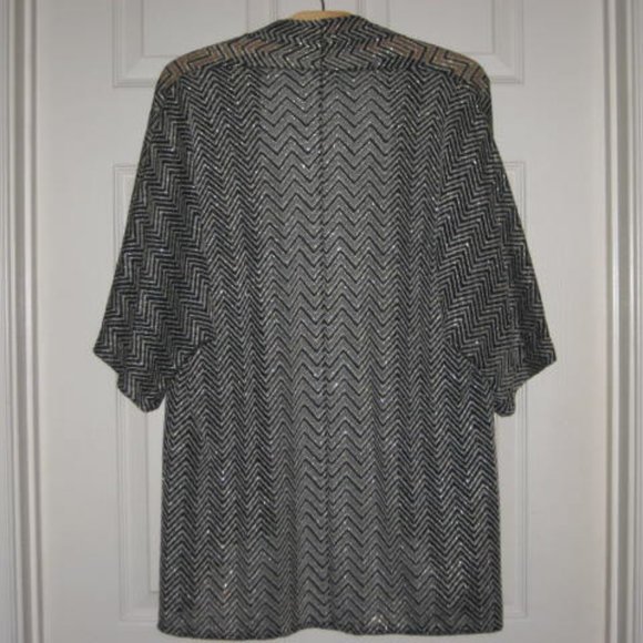 Chicos Size 2 L Open Cardigan Ruana Wrap Sweater Black Gold Metallic Excellent - Picture 8 of 10